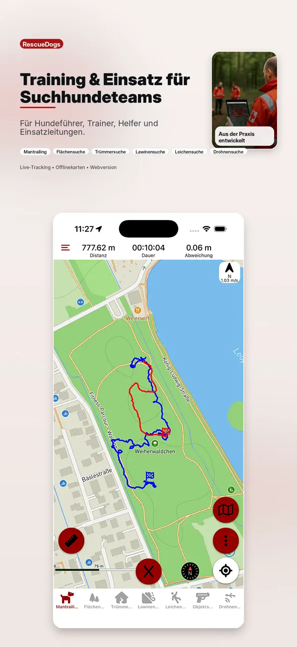 RescueDogs App Store screenshot with map, track view and training topics