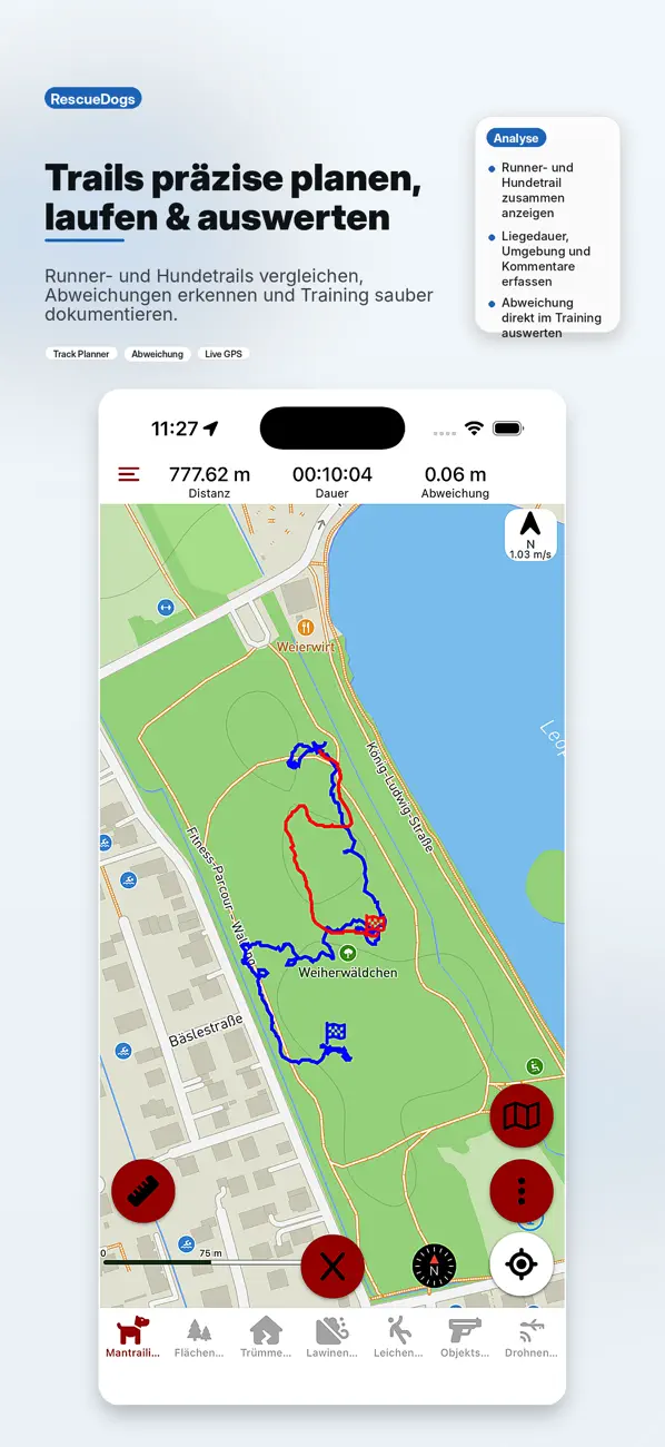 Aktueller RescueDogs App-Store-Screenshot zur Mantrailing-Auswertung mit Runner- und Hundetrail
