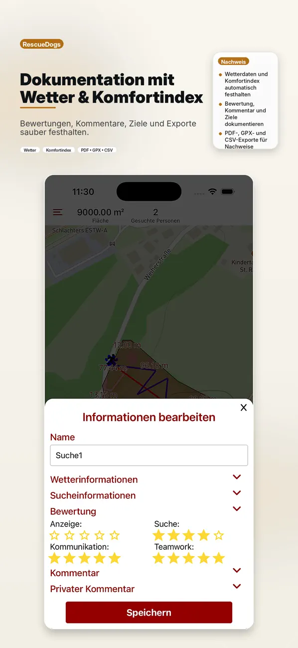 Aktueller RescueDogs App-Store-Screenshot zur Trainingsdokumentation und Auswertung