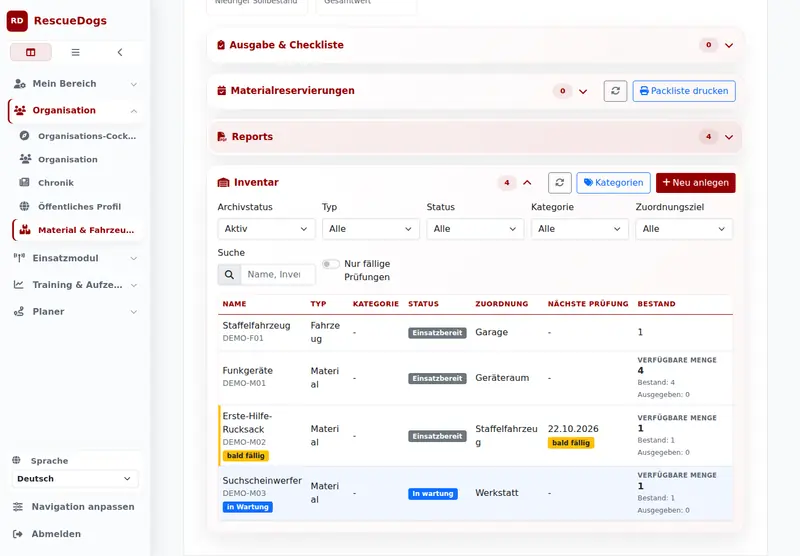 Materialbestand mit Filtern, Zustand und Aktionen für die Ausrüstung. Web-Version mit Beispieldaten.