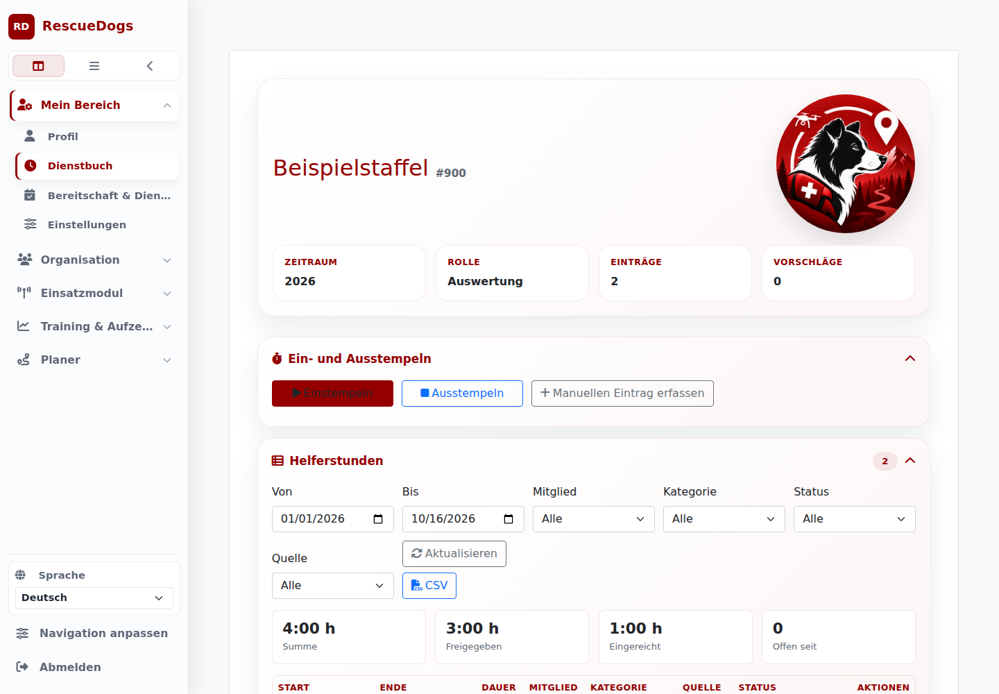 Dienstbuch mit Zeiterfassung und Übersicht der Helferstunden. Web-Version mit Beispieldaten.