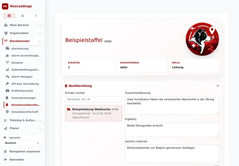 Einsatznachbereitung mit Zusammenfassung, Ergebnis und nächsten Aufgaben. Web-Version mit Beispieldaten.